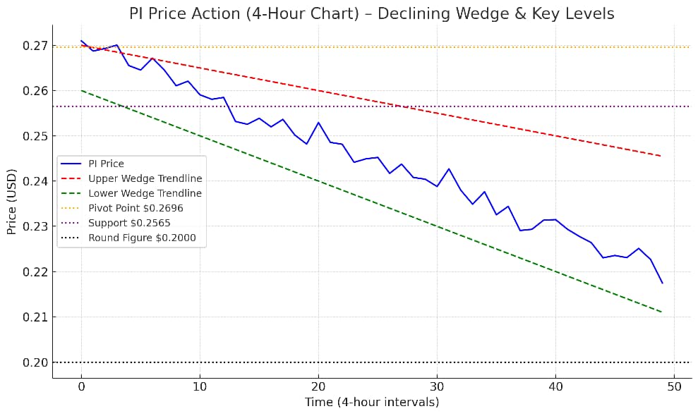 PI price action on the 4-hour chart with the declining wedge pattern, pivot point at $0.2696, support at $0.2565, and the key round figure at $0.2000