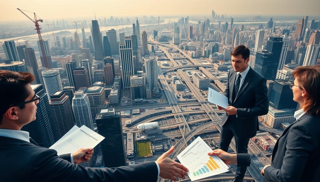 A high-angle view of a bustling city skyline, with towering glass skyscrapers and cranes dotting the horizon. In the foreground, a group of businesspeople in formal attire shake hands and discuss charts and documents, their expressions determined. The middle ground features a sprawling financial district, with stock tickers and currency exchange boards visible. In the background, a network of roads and infrastructure connects the scene, hinting at the intricate web of global trade and investment. The lighting is crisp and professional, with warm tones suggesting an atmosphere of optimism and progress. Overall, the image conveys the idea of international partnerships and foreign investment driving economic growth and development. A high-angle view of a bustling city skyline, with towering glass skyscrapers and cranes dotting the horizon. In the foreground, a group of businesspeople in formal attire shake hands and discuss charts and documents, their expressions determined. The middle ground features a sprawling financial district, with stock tickers and currency exchange boards visible. In the background, a network of roads and infrastructure connects the scene, hinting at the intricate web of global trade and investment. The lighting is crisp and professional, with warm tones suggesting an atmosphere of optimism and progress. Overall, the image conveys the idea of international partnerships and foreign investment driving economic growth and development.