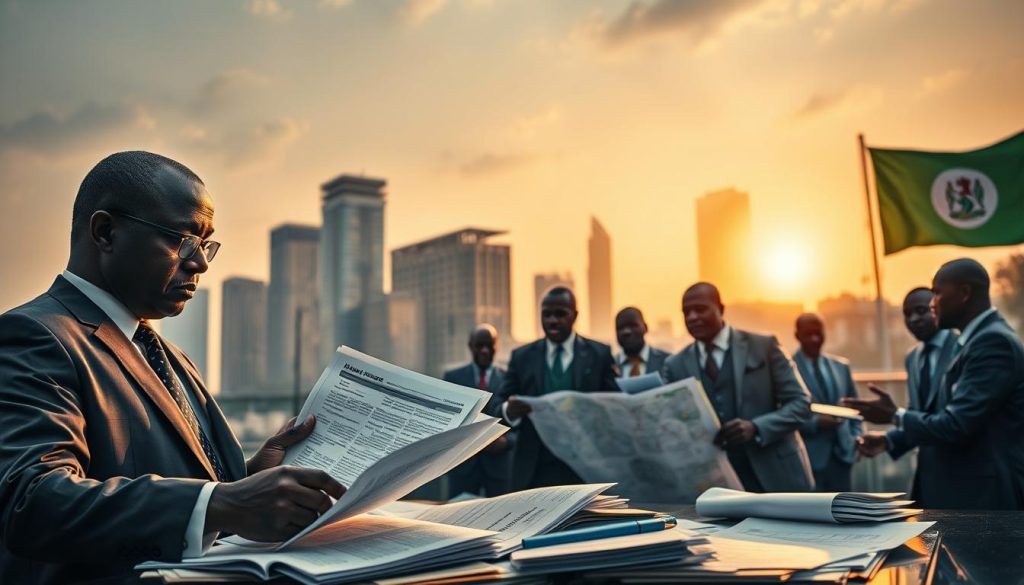 A high-contrast, cinematic image of Nigerian financial and monetary policy reforms. In the foreground, a central banker in a sharp suit examines reports and data, surrounded by bank notes and ledgers. In the middle ground, government officials confer over policy changes, with diagrams and charts illuminated by soft lighting. In the background, skyscrapers and the Nigerian flag symbolize the nation's economic ambitions, lit by a warm, golden hour glow. The scene conveys a sense of purposeful, deliberate change as the country seeks to achieve its targeted 7% GDP growth by 2027. A high-contrast, cinematic image of Nigerian financial and monetary policy reforms. In the foreground, a central banker in a sharp suit examines reports and data, surrounded by bank notes and ledgers. In the middle ground, government officials confer over policy changes, with diagrams and charts illuminated by soft lighting. In the background, skyscrapers and the Nigerian flag symbolize the nation's economic ambitions, lit by a warm, golden hour glow. The scene conveys a sense of purposeful, deliberate change as the country seeks to achieve its targeted 7% GDP growth by 2027.