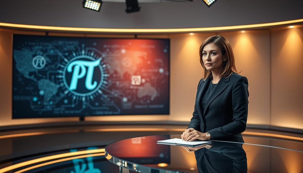 A news broadcast set featuring a modern, minimalist studio with a large holographic display screen in the background. The news anchor, a professional-looking woman in a smart business attire, is delivering a serious, authoritative report on the Pi Network. Subtle, ambient lighting casts a warm glow, creating a sense of credibility and trust. The camera angles alternate between close-ups of the anchor and wide shots that capture the entire studio setup, allowing the viewer to fully immerse themselves in the news environment. The overall mood is one of sober, investigative journalism, setting the stage for a thoughtful discussion on the state of the Pi Network. A news broadcast set featuring a modern, minimalist studio with a large holographic display screen in the background. The news anchor, a professional-looking woman in a smart business attire, is delivering a serious, authoritative report on the Pi Network. Subtle, ambient lighting casts a warm glow, creating a sense of credibility and trust. The camera angles alternate between close-ups of the anchor and wide shots that capture the entire studio setup, allowing the viewer to fully immerse themselves in the news environment. The overall mood is one of sober, investigative journalism, setting the stage for a thoughtful discussion on the state of the Pi Network.